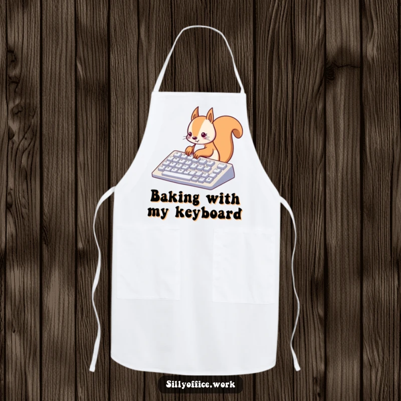 Funny kawaii squirrel typing on a giant keyboard, featured on a kitchen apron, a humorous and practical accessory.