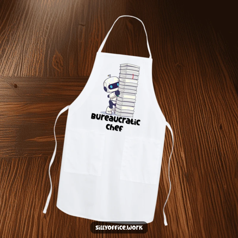 Funny apron featuring a cute robot with great enthusiasm stapling a ridiculously tall stack of papers.