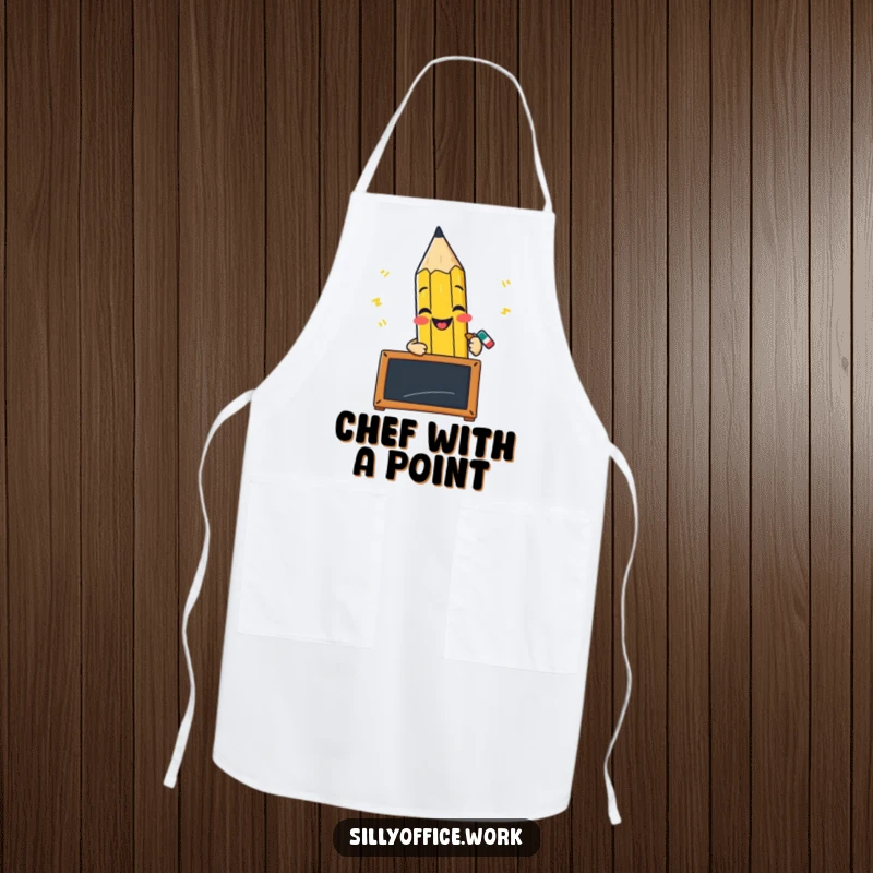 Funny apron displaying a cheerful pencil character scribbling furiously on a small blackboard, for culinary arts.