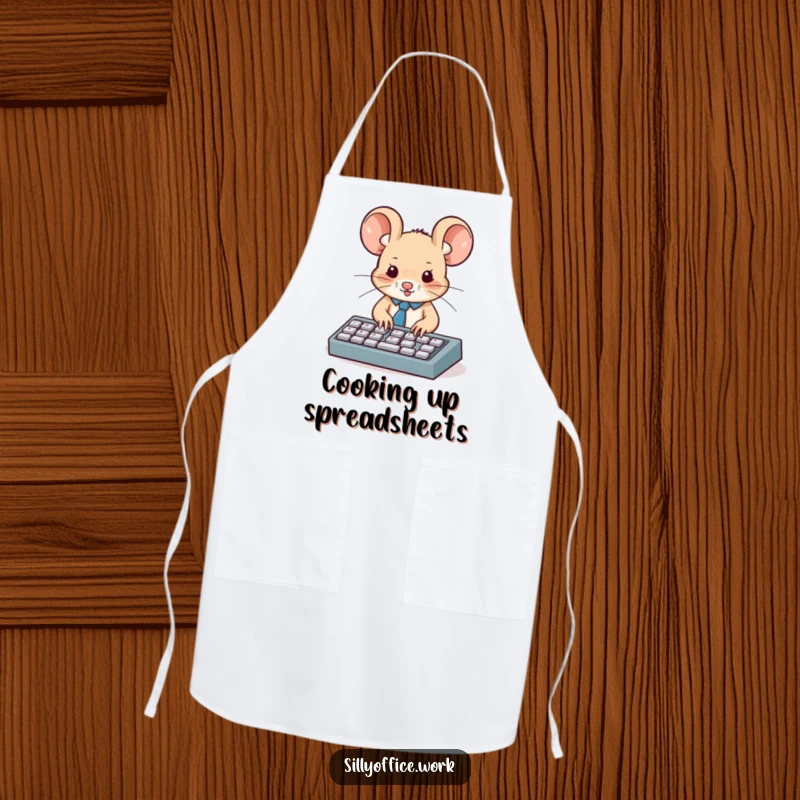 Funny apron: A cute mouse in a tiny tie diligently types on a miniature keyboard, adding professional humor to cooking.