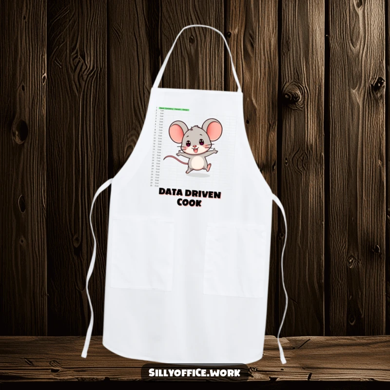 Funny apron displaying a smiling computer mouse character playfully zipping across a large spreadsheet.