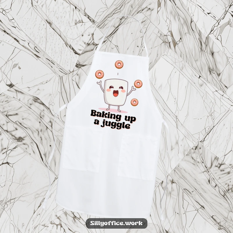 Funny kitchen apron with a cheerful coffee mug character juggling three donuts, making cooking and cleaning a humorous activity.