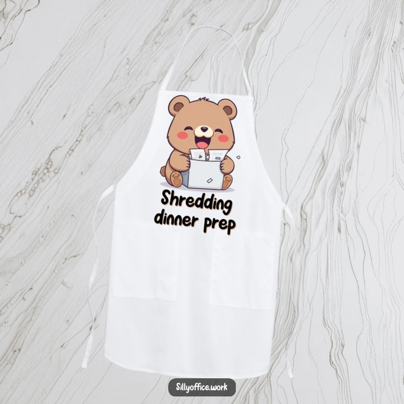 Funny kawaii bear shredding documents with a wide grin, featured on a kitchen apron, a humorous and practical accessory.