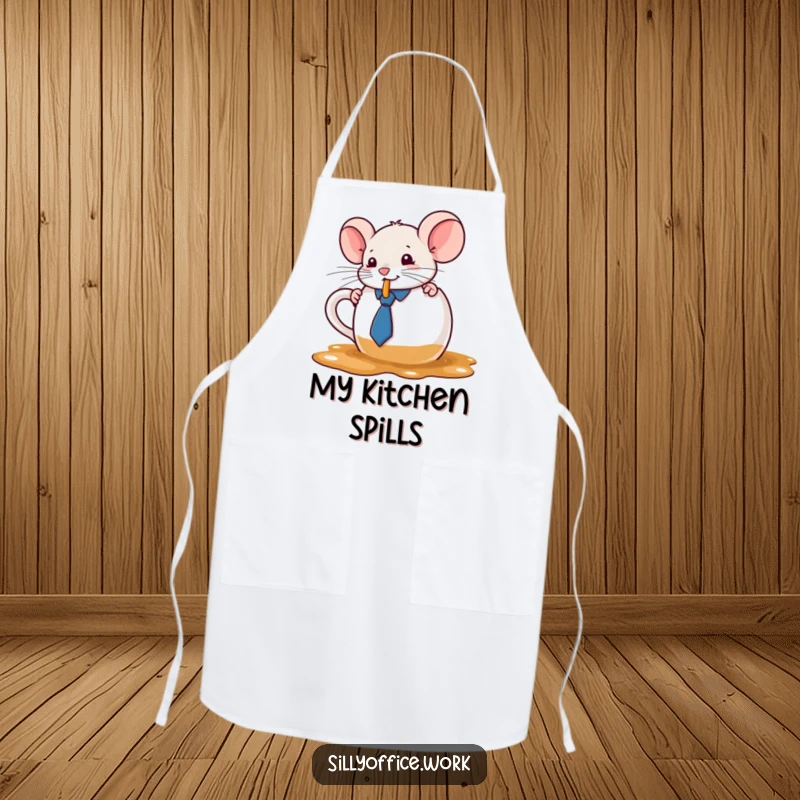 Funny kawaii mouse in a tie spilling coffee from a big mug, featured on a kitchen apron, a humorous and practical accessory.