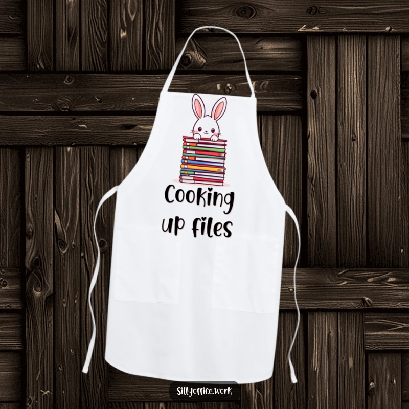 Funny kawaii rabbit peeking over a towering stack of colorful files, featured on a kitchen apron, a humorous and practical accessory.