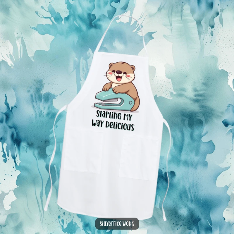 Funny apron: A playful otter slides down a stapler with glee, bringing humorous office vibes to the kitchen.