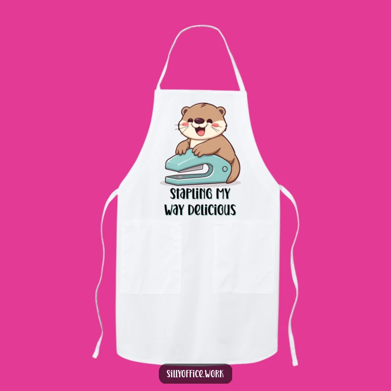 Funny Otter Stapler Slide Apron: Cook with Playful Office Humor