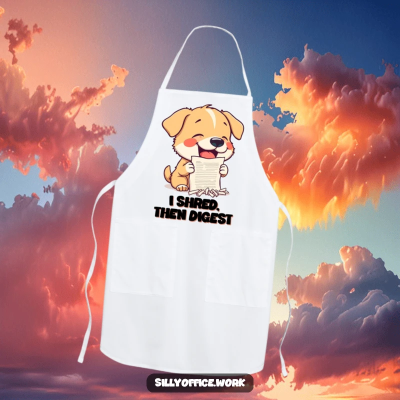 Funny Dog Apron: A small dog gleefully shreds a miniature document, bringing humor to cooking.