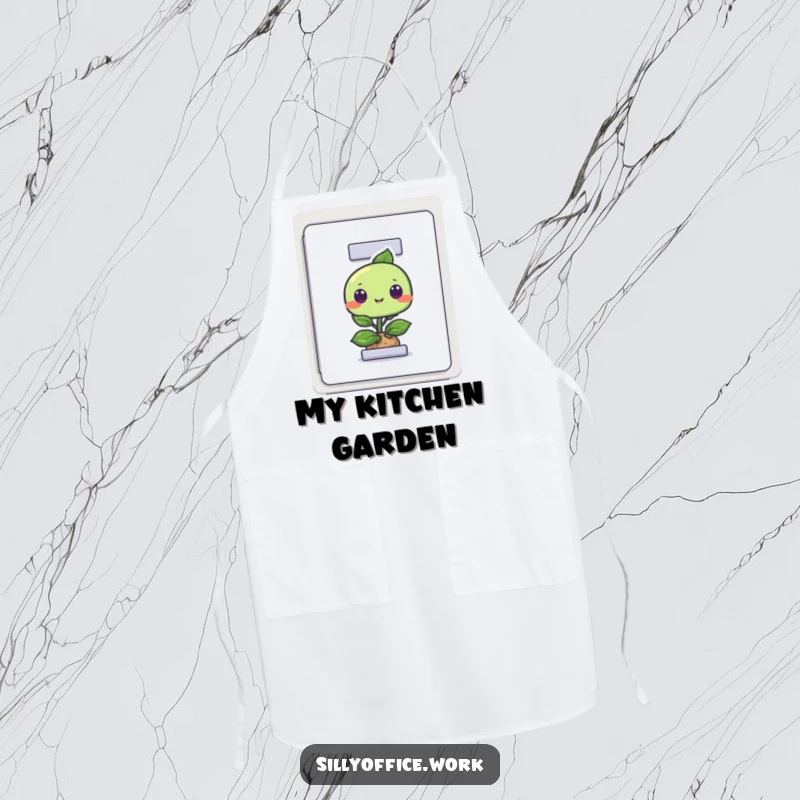 Funny kitchen apron with a curious plant character peeking out of a filing cabinet, making chores more amusing.