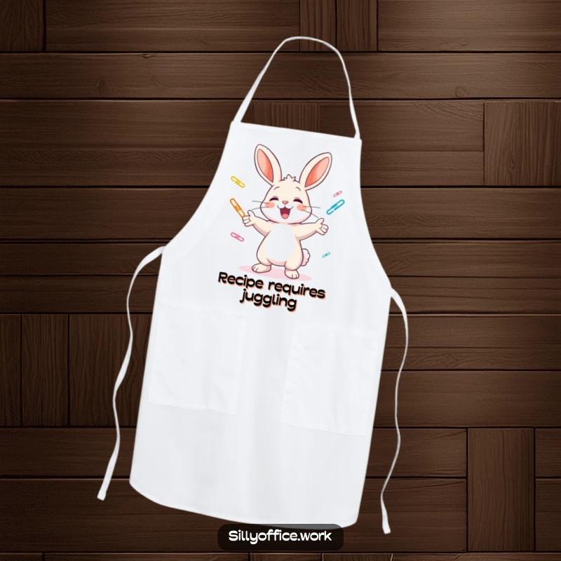 Funny apron: A cheerful bunny juggles colorful paper clips with glee, bringing humorous office vibes to the kitchen.