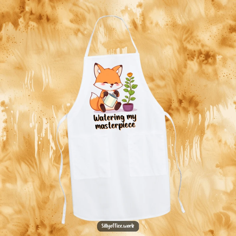 Funny kawaii fox apron, enthusiastically watering a tiny office plant, a cute and practical accessory for the kitchen.