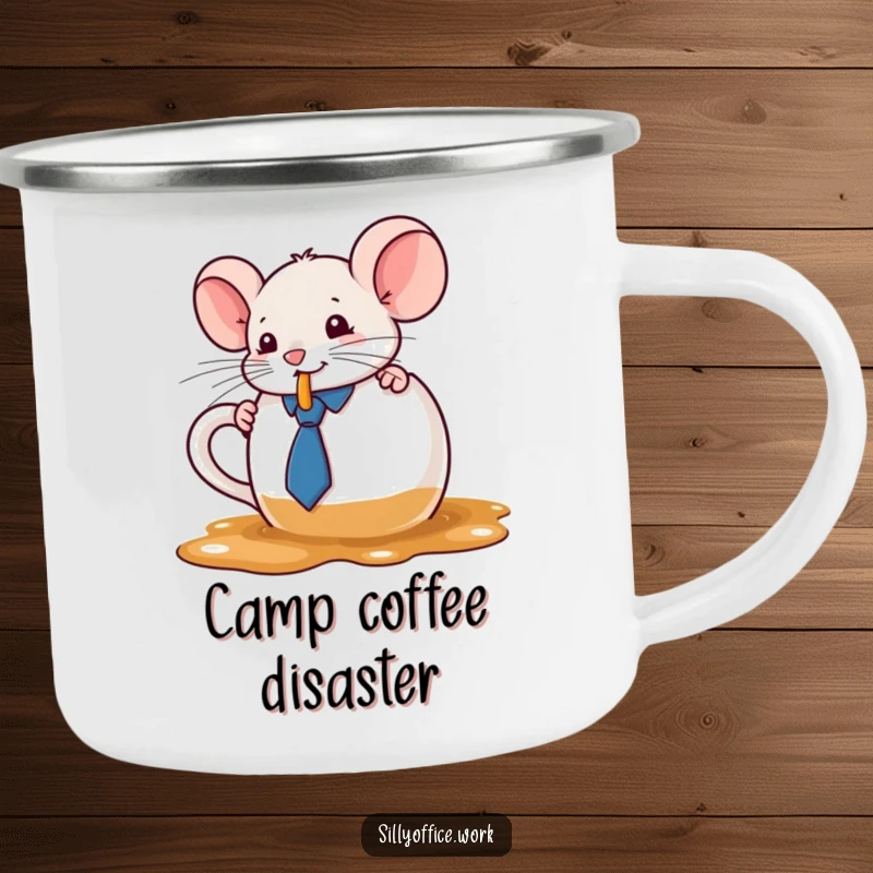 Funny kawaii mouse in a tie spilling coffee from a large mug, on a sturdy camping mug, for outdoor coffee lovers.