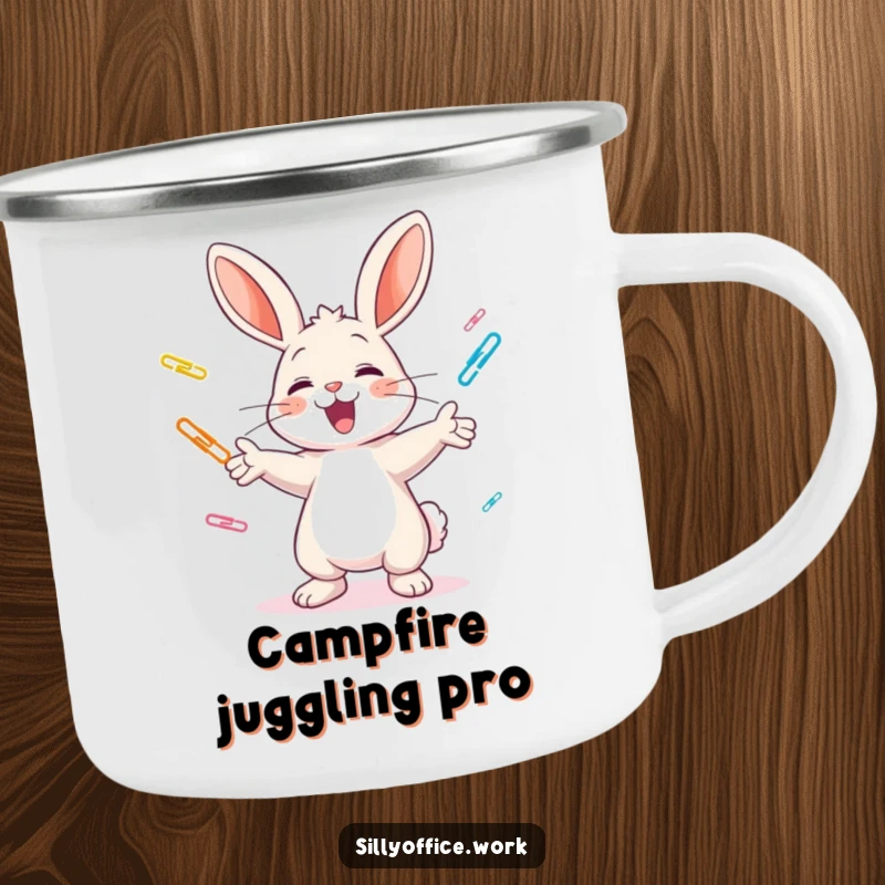Funny camping mug: A cheerful bunny juggles colorful paper clips with glee, bringing office humor to outdoor adventures.