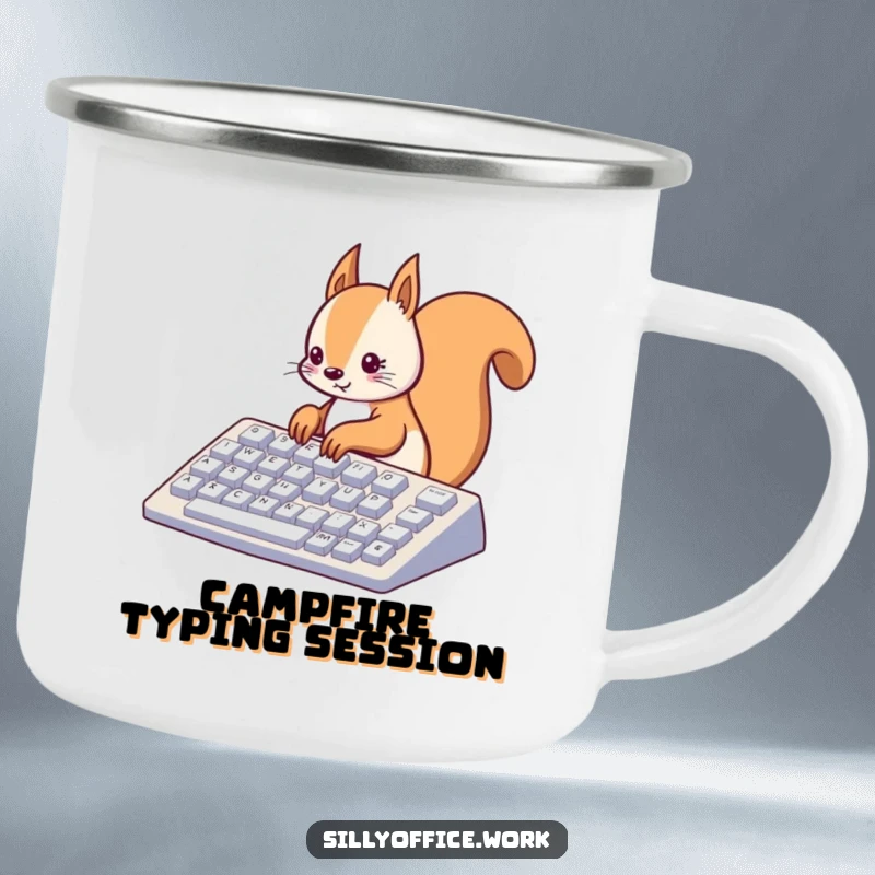 Funny kawaii squirrel typing on a large keyboard, on a sturdy camping mug, for outdoor tech enthusiasts.