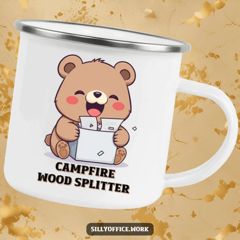 Funny kawaii bear shredding documents with a wide grin, on a sturdy camping mug, for outdoor stress relief enthusiasts.