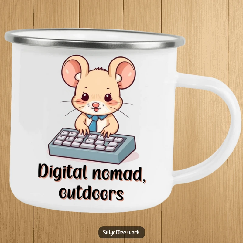 Funny camping mug: A tie-wearing mouse types diligently on a miniature keyboard, bringing professional humor to the outdoors.