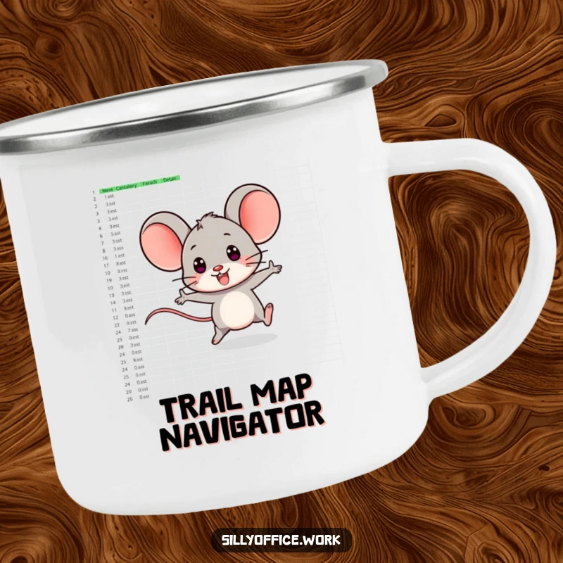 Funny camping mug featuring a smiling computer mouse character zipping playfully across a large spreadsheet, for techies.