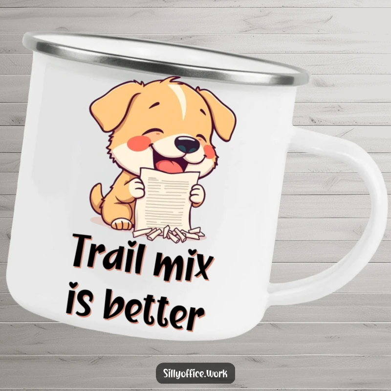 Funny Dog Camping Mug: A small dog shreds a document, bringing office-like chaos to outdoor adventures.