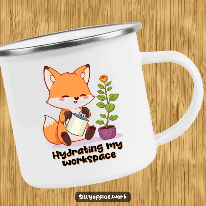 Funny kawaii fox camping mug, enthusiastically watering a tiny office plant, perfect for outdoor lovers and plant enthusiasts.