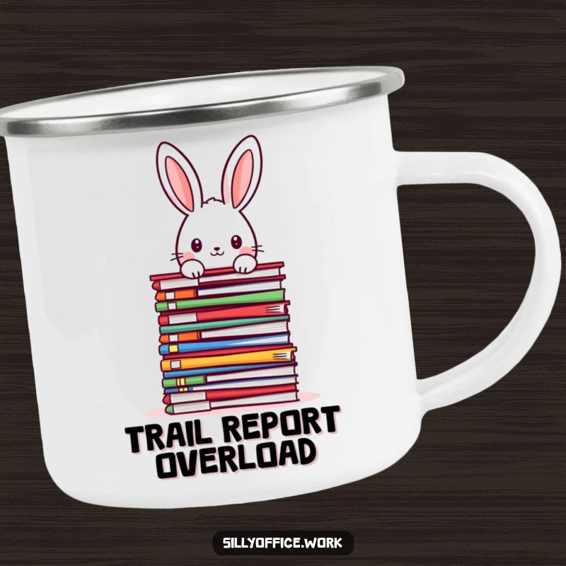 Funny kawaii rabbit peeking over a large stack of colorful files, on a sturdy camping mug, for outdoor office enthusiasts.