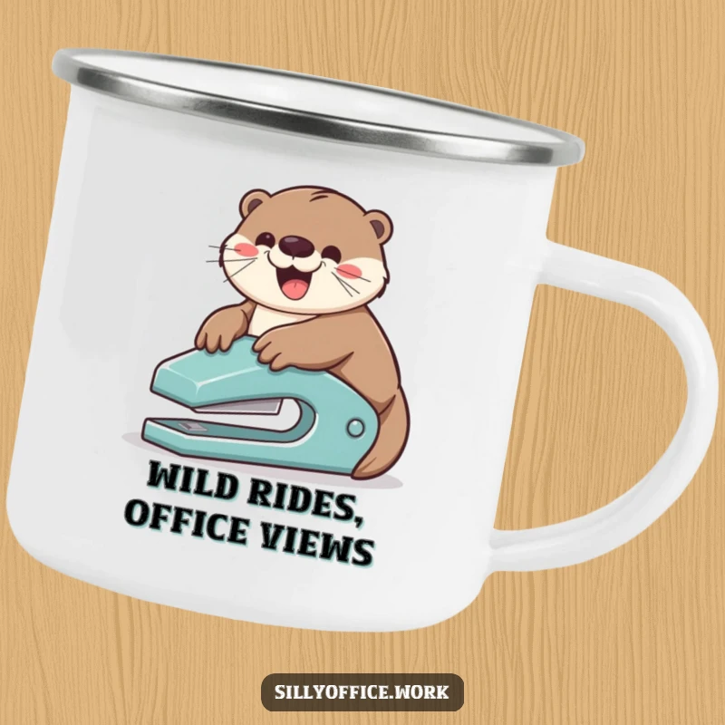 Funny camping mug: A playful otter slides down a stapler with glee, bringing office humor to outdoor adventures.
