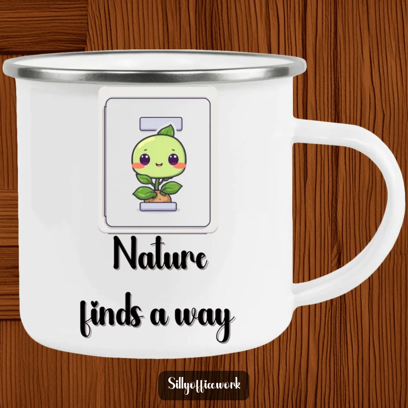Funny and sturdy camping mug with a curious plant emerging from a filing cabinet, great for outdoor adventures.