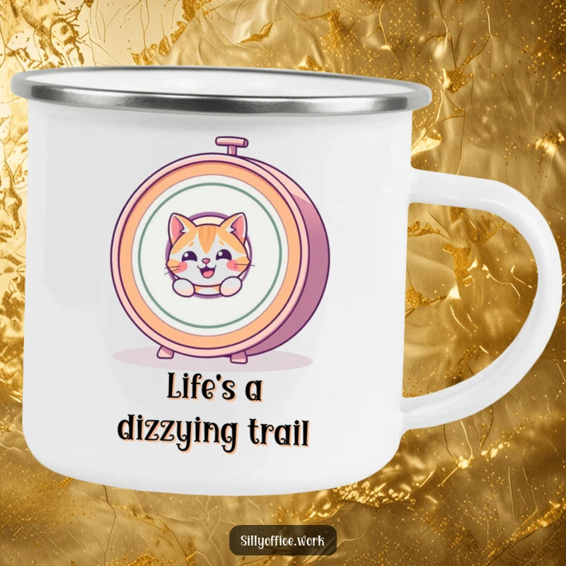 Funny Cat Camping Mug: A fun cat peeks from a spinning rolodex, bringing office absurdity to outdoor adventures.