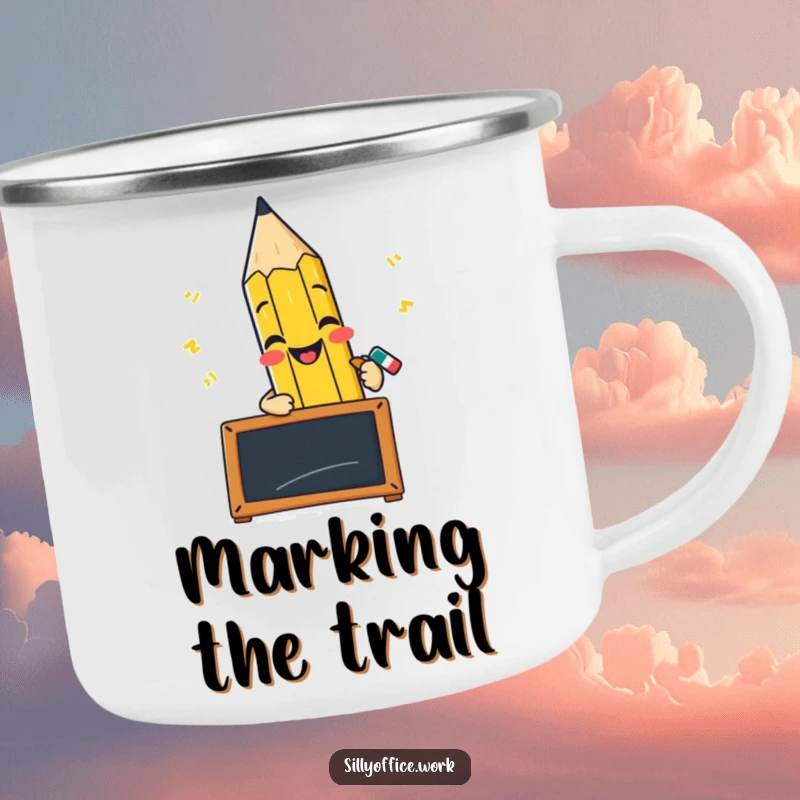 Funny camping mug featuring a cheerful pencil character scribbling furiously on a small blackboard, for outdoor art.