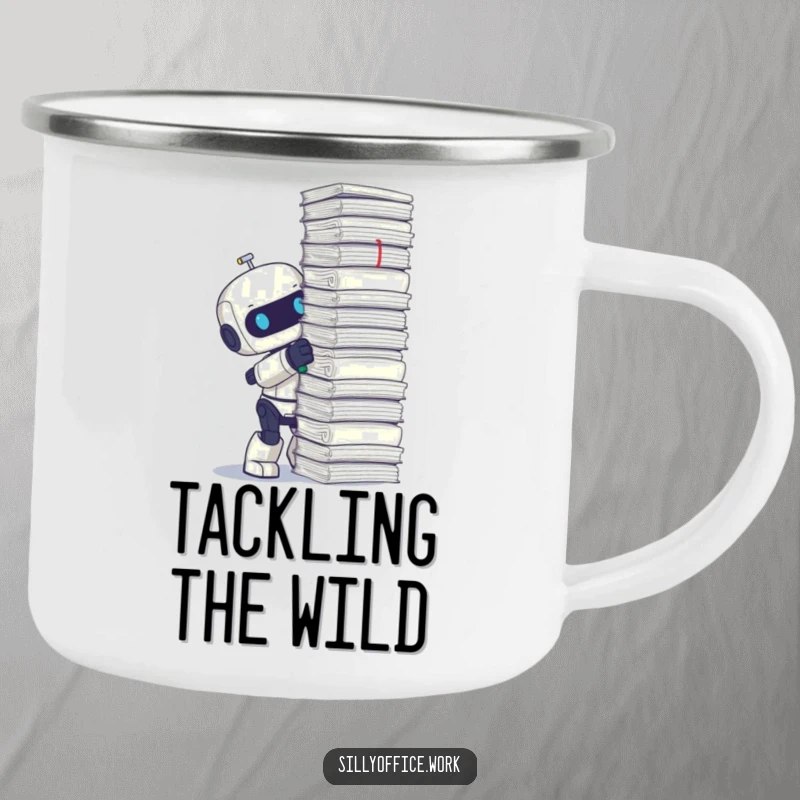 Funny camping mug featuring a cute robot enthusiastically stapling a very tall pile of papers, for outdoor work.