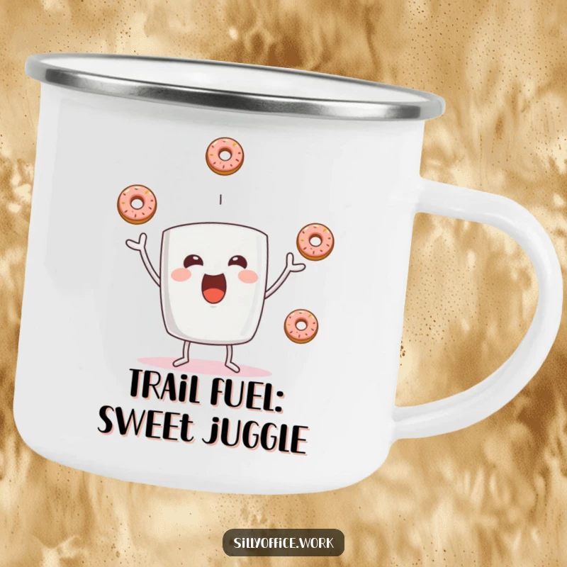 Funny and sturdy camping mug showcasing a joyful coffee mug character juggling three sweet donuts, ideal for outdoor use.