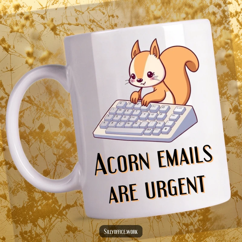 Funny kawaii squirrel diligently typing on a giant keyboard, printed on a ceramic mug, a humorous tech gift.