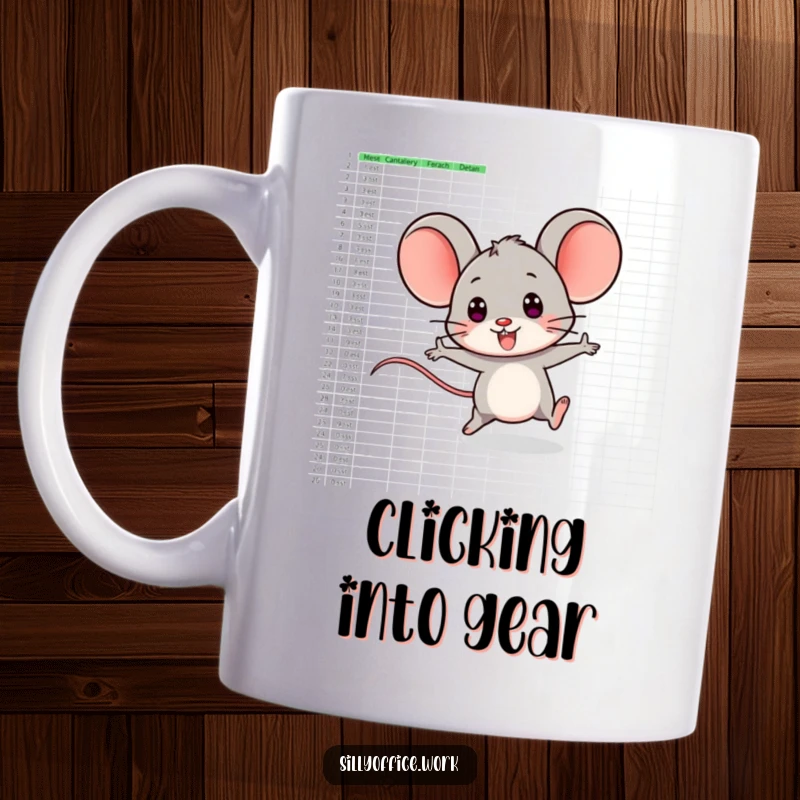 Funny mug with a smiling computer mouse character playfully zipping across a large, detailed spreadsheet.