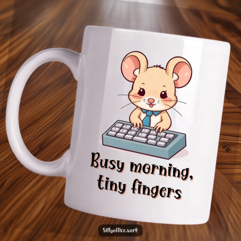 Funny mug: A cute mouse dressed in a tiny tie types enthusiastically on a miniature keyboard, looking very busy.