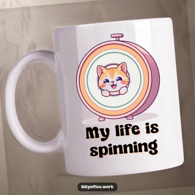 Funny Cat Mug: A mischievous feline peeks from behind a massive, spinning rolodex, symbolizing office absurdity and joy.