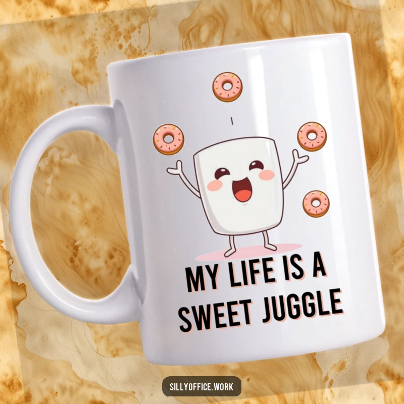 Funny coffee mug character gleefully juggling three miniature donuts, showcasing a cheerful and playful personality for screen readers.