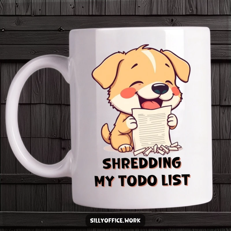 Funny Dog Mug: A small dog joyfully shreds a miniature document with its tiny teeth, symbolizing chaos.
