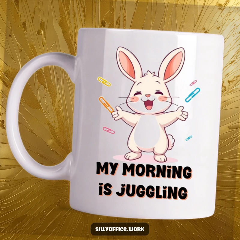 Funny mug: A cheerful bunny excitedly juggles colorful paper clips, showcasing impressive dexterity and a happy expression.