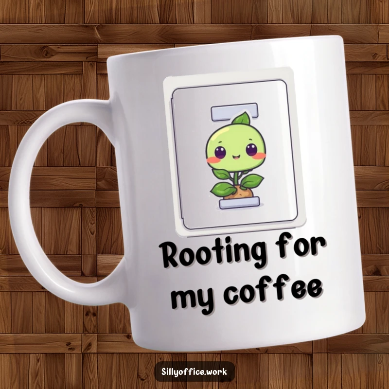 Funny coffee mug featuring a curious little green plant character emerging from an open filing cabinet drawer, evoking office humor.