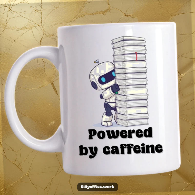 Funny mug with a cute robot energetically stapling an extremely tall stack of papers, conveying enthusiasm.