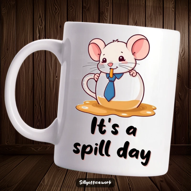 Funny kawaii mouse in a tiny tie, spilling coffee from an oversized mug, printed on a ceramic mug, a humorous gift.