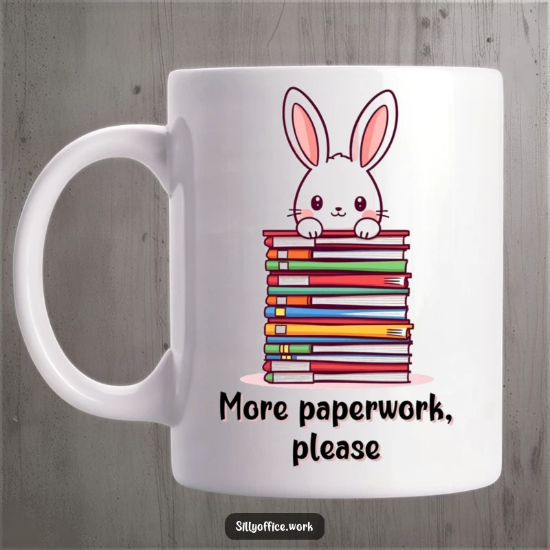 Funny kawaii rabbit peeking over a towering stack of colorful files, printed on a ceramic mug, a humorous office gift.