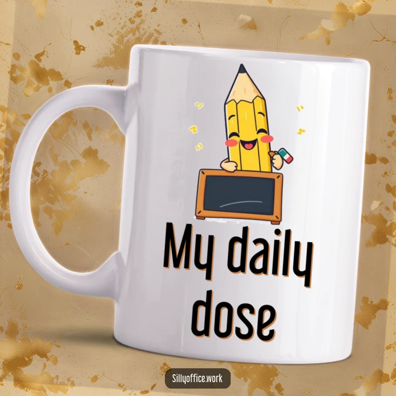 Funny mug with a cheerful pencil character scribbling furiously on a small blackboard, conveying creativity.