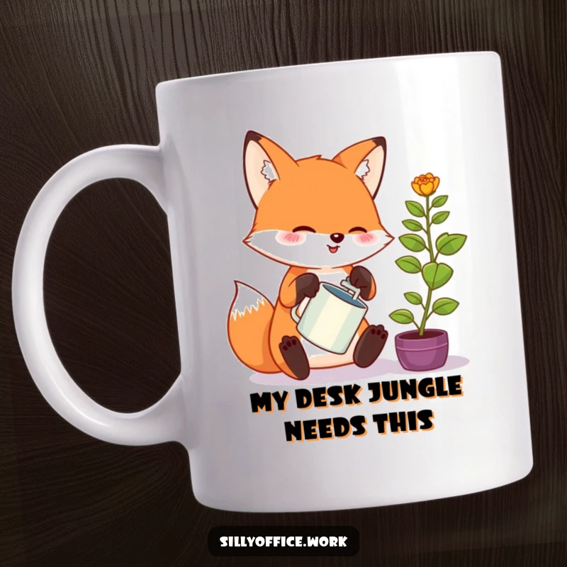 Funny kawaii fox enthusiastically watering a tiny office plant, a cute and humorous scene for your desk or kitchen.