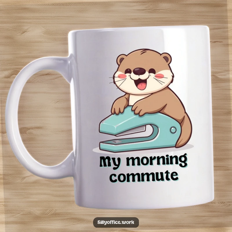 Funny mug: A playful otter joyfully slides down a bright red stapler, captured mid-slide with a huge grin.
