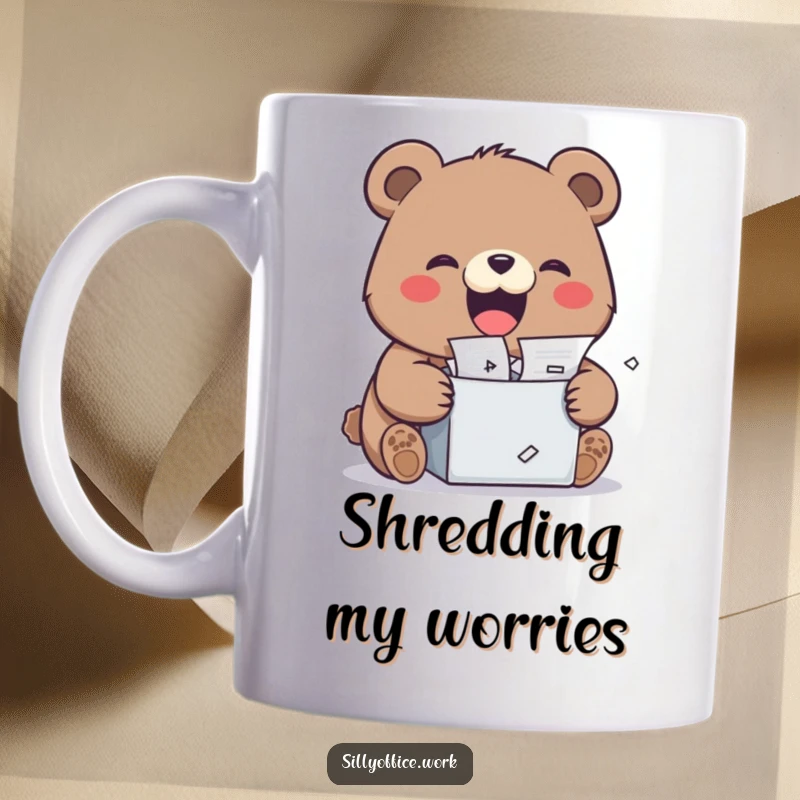 Funny kawaii bear enthusiastically shredding documents with a wide grin, printed on a ceramic mug, a humorous stress relief gift.