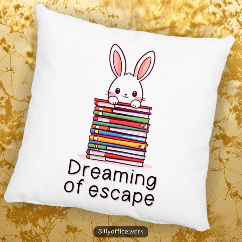 Funny kawaii rabbit peeking over a large stack of colorful files, on a soft pillow, providing cute comfort and office relatability.