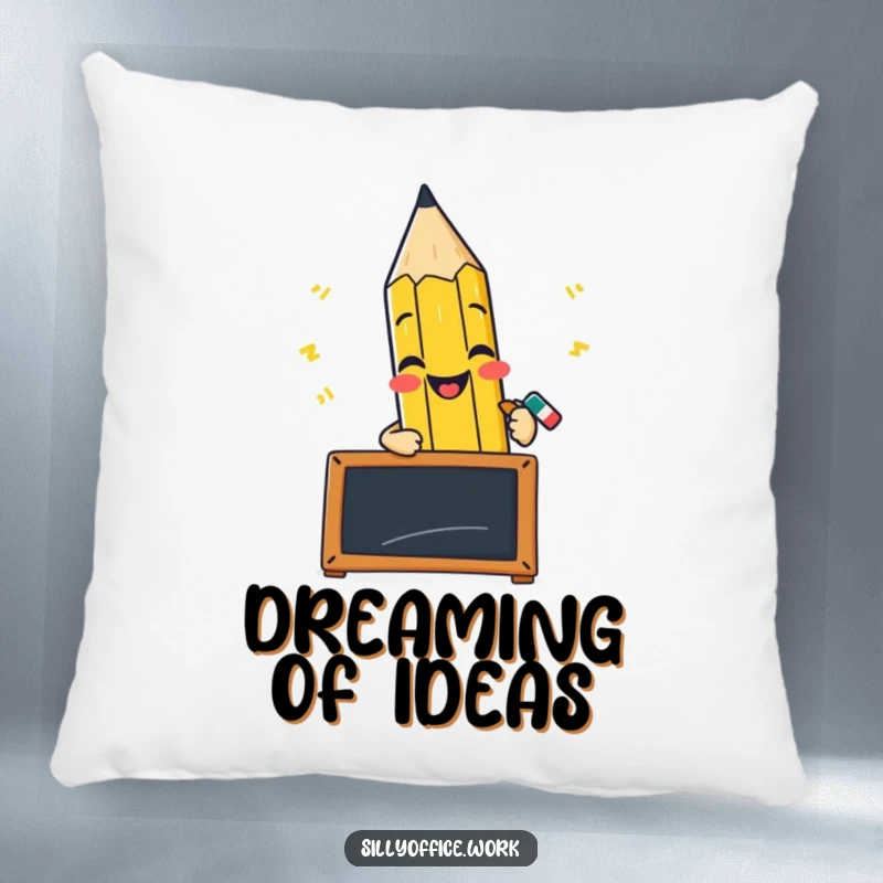 Funny pillow featuring a cheerful pencil character scribbling furiously on a tiny blackboard, bringing comfort.
