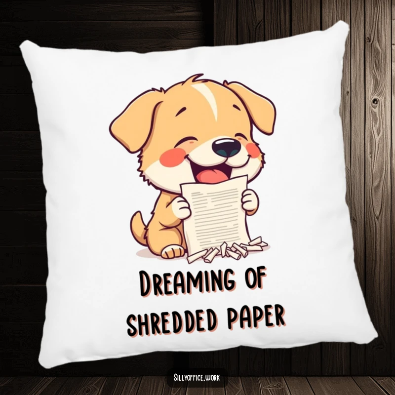 Funny Dog Pillow: A small dog enthusiastically tears apart a tiny document, bringing comfort and humor to any space.