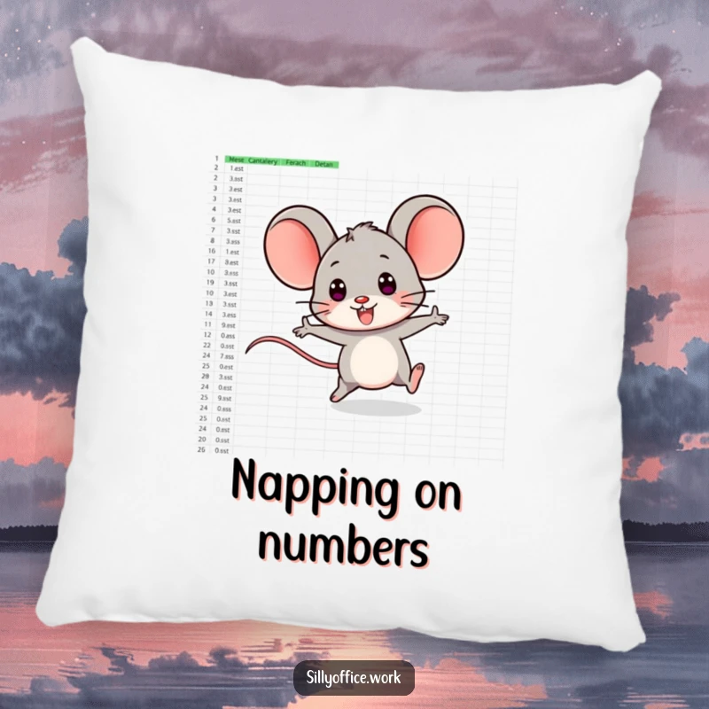 Funny pillow featuring a smiling computer mouse character zipping playfully across a large spreadsheet, bringing comfort.