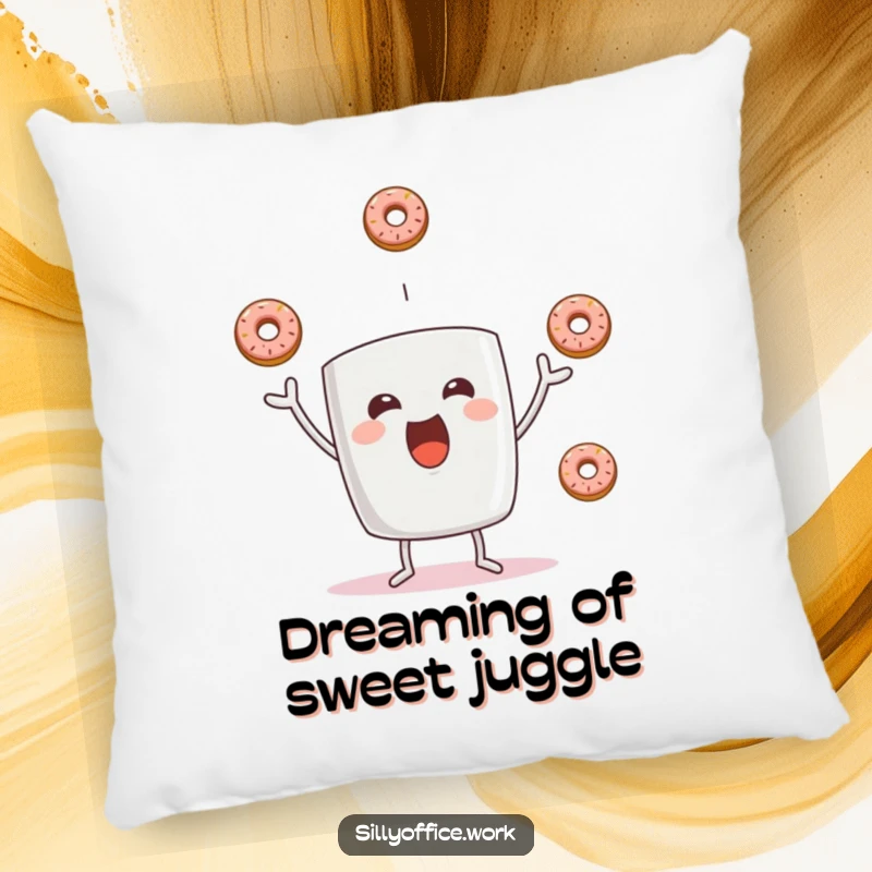 Funny and soft pillow displaying a happy coffee mug character expertly juggling three small donuts, adding comfort and chuckles.